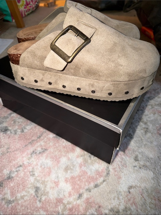 Madden Girl Shoes - Madden Girl Taupe Suede Buckle Clog Mules